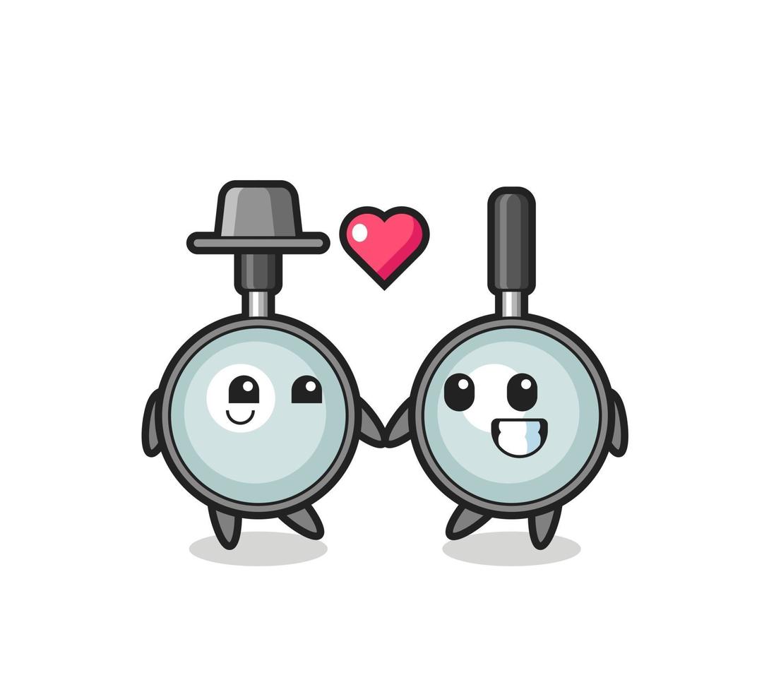 magnifying glass cartoon character couple with fall in love gesture vector