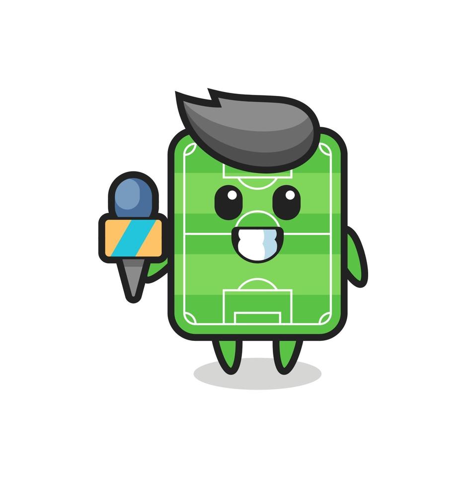 mascota del personaje del campo de fútbol como reportero de noticias. vector