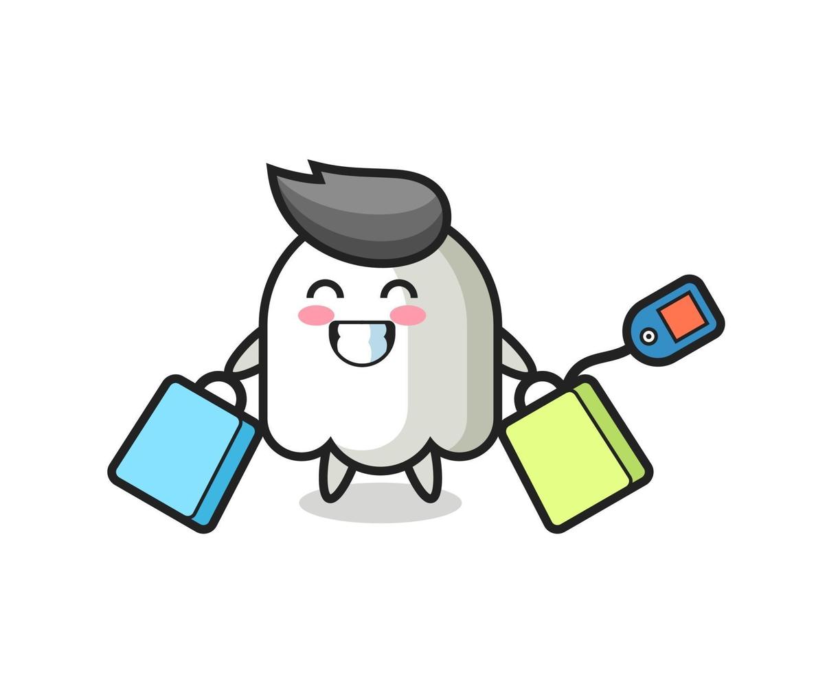 ghost mascot cartoon holding a shopping bag vector