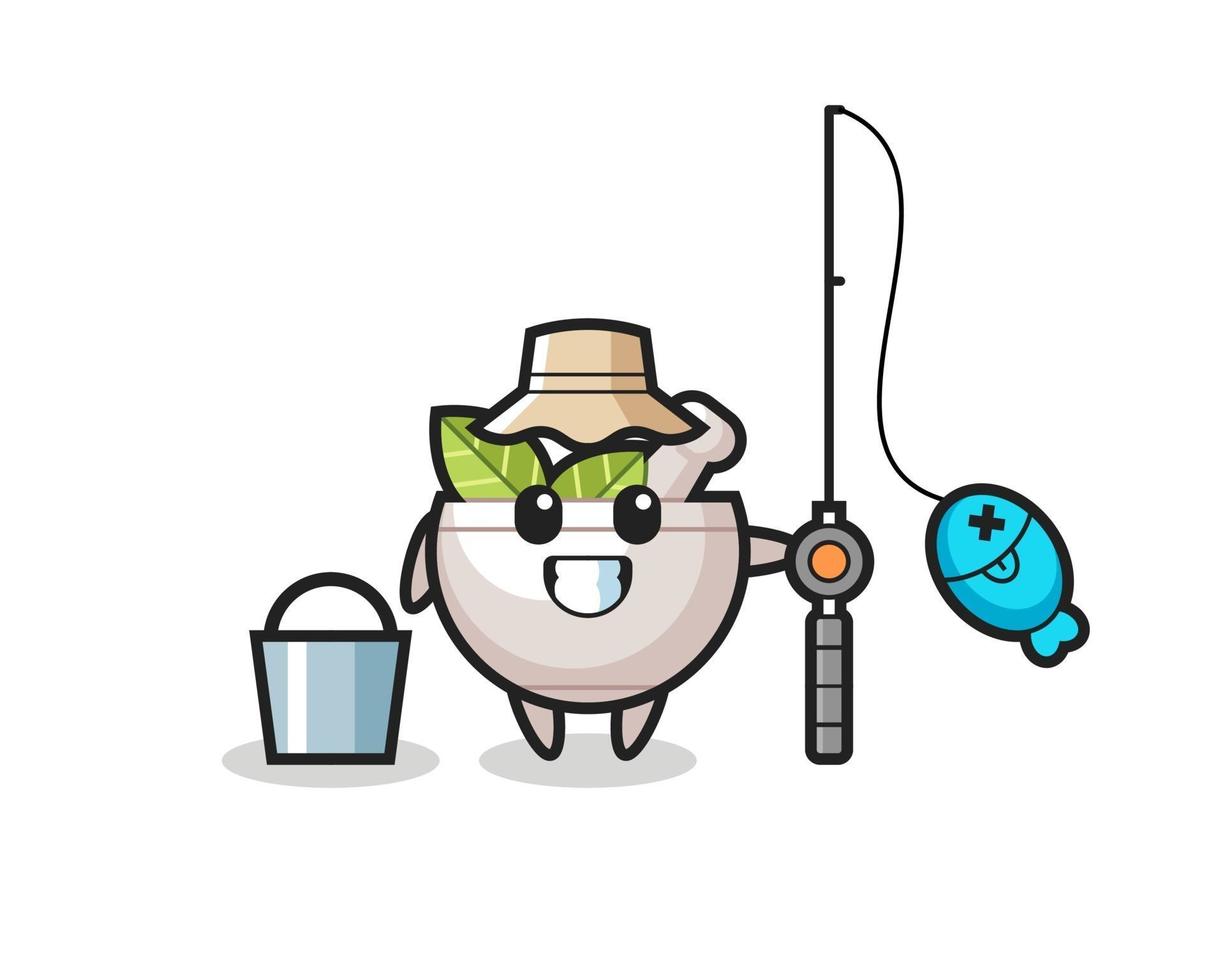 personaje mascota de cuenco de hierbas como pescador vector