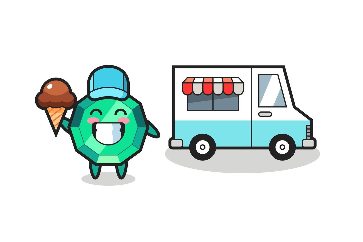 Mascot cartoon of emerald gemstone with ice cream truck vector