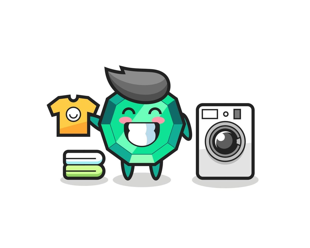 Mascot cartoon of emerald gemstone with washing machine vector