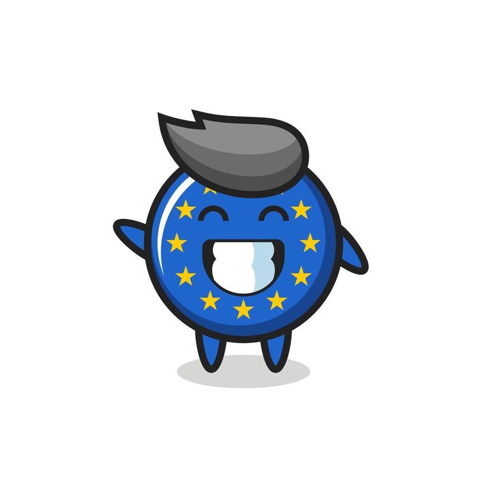 personaje de dibujos animados de la insignia de la bandera de europa haciendo gesto de mano de onda vector