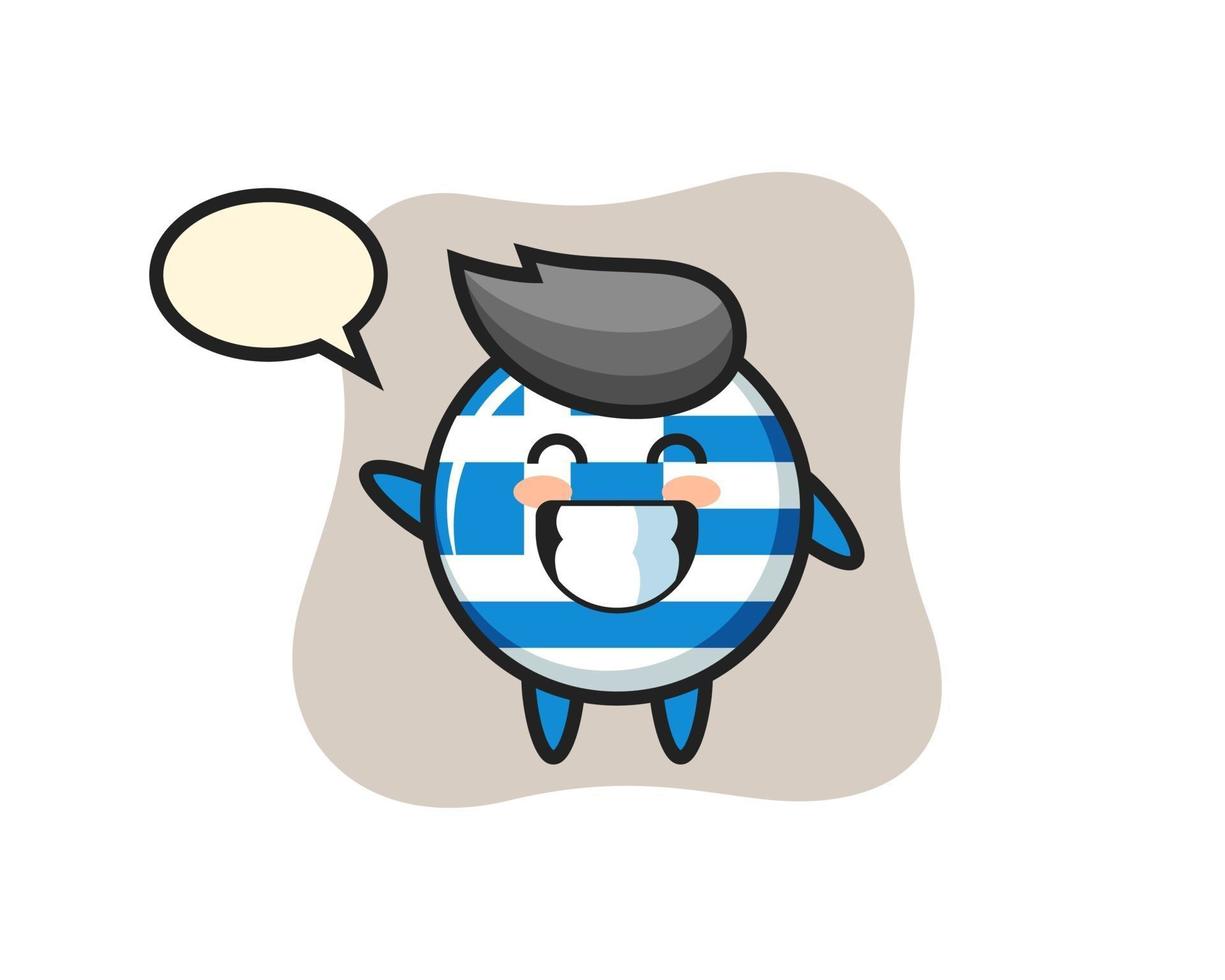 personaje de dibujos animados de insignia de bandera de grecia haciendo gesto de mano de onda vector