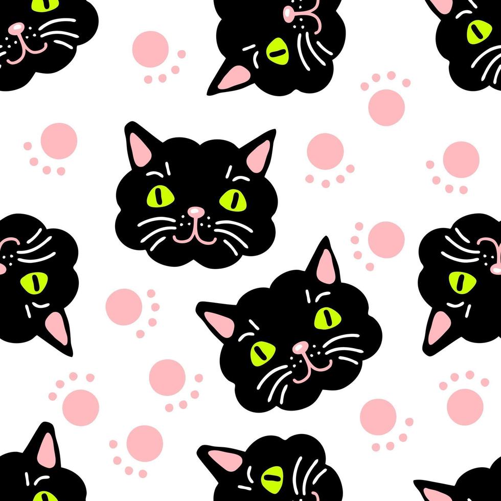 Seamless pattern with cat faces and paws. vector