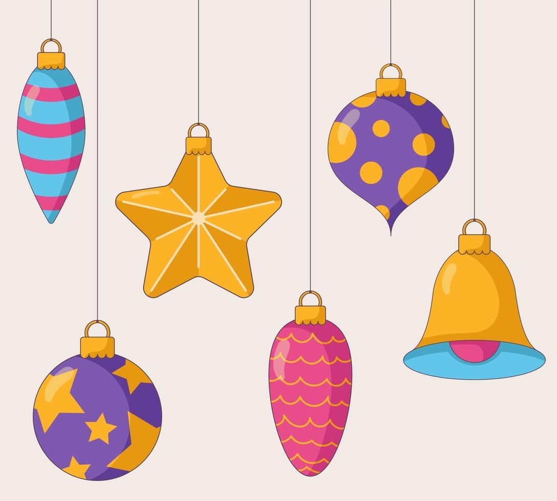 Shiny Christmas tree toys in various shapes and colours. vector