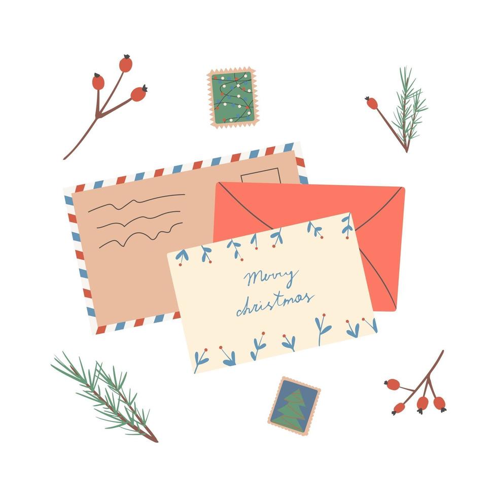 Set of different Christmas envelopes with mail, postage and postcards vector