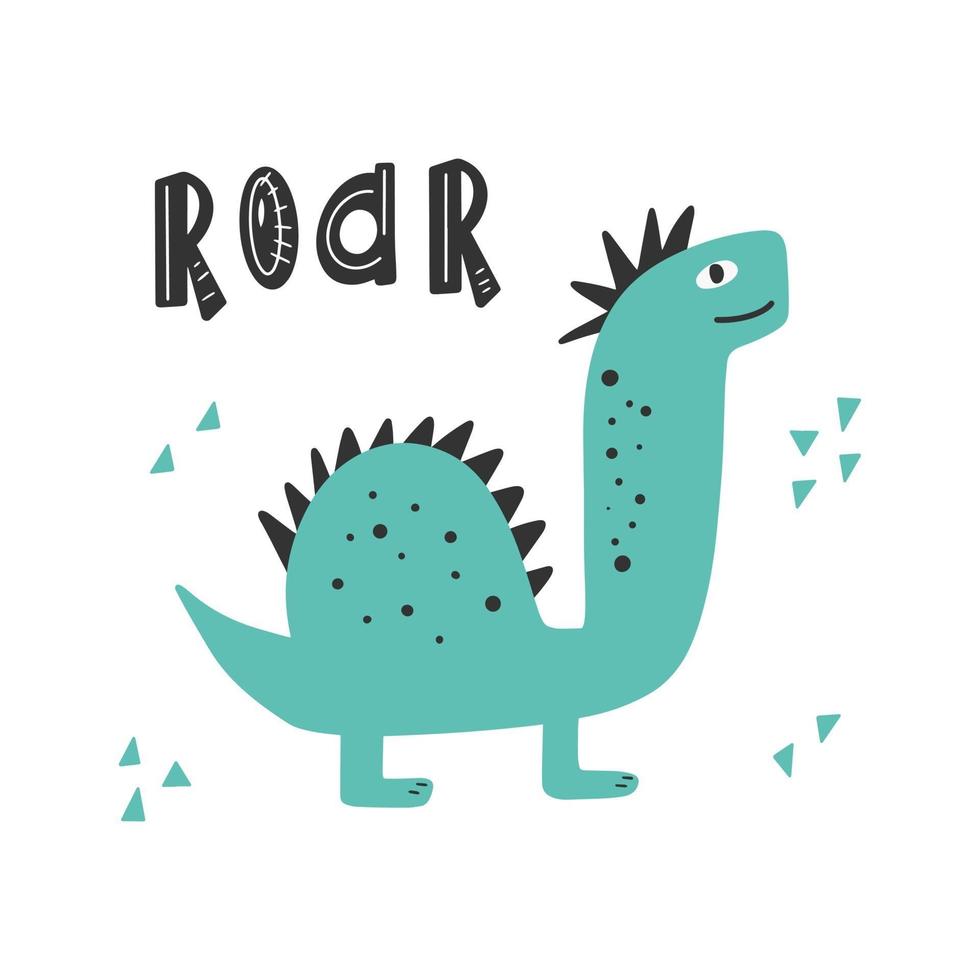 lindo dinosaurio con gráfico de eslogan: rugido, divertidos dibujos animados de dinosaurios. vector