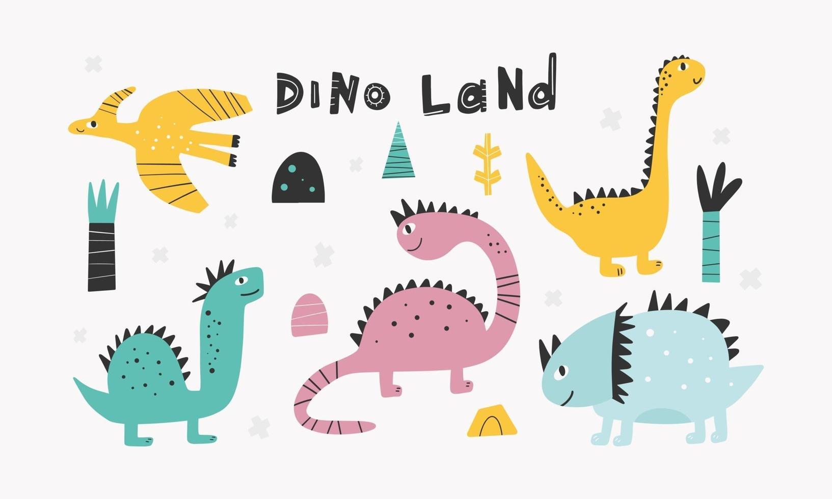Cute Dinosaurs collection in cartoon style. Colorful baby illustration vector