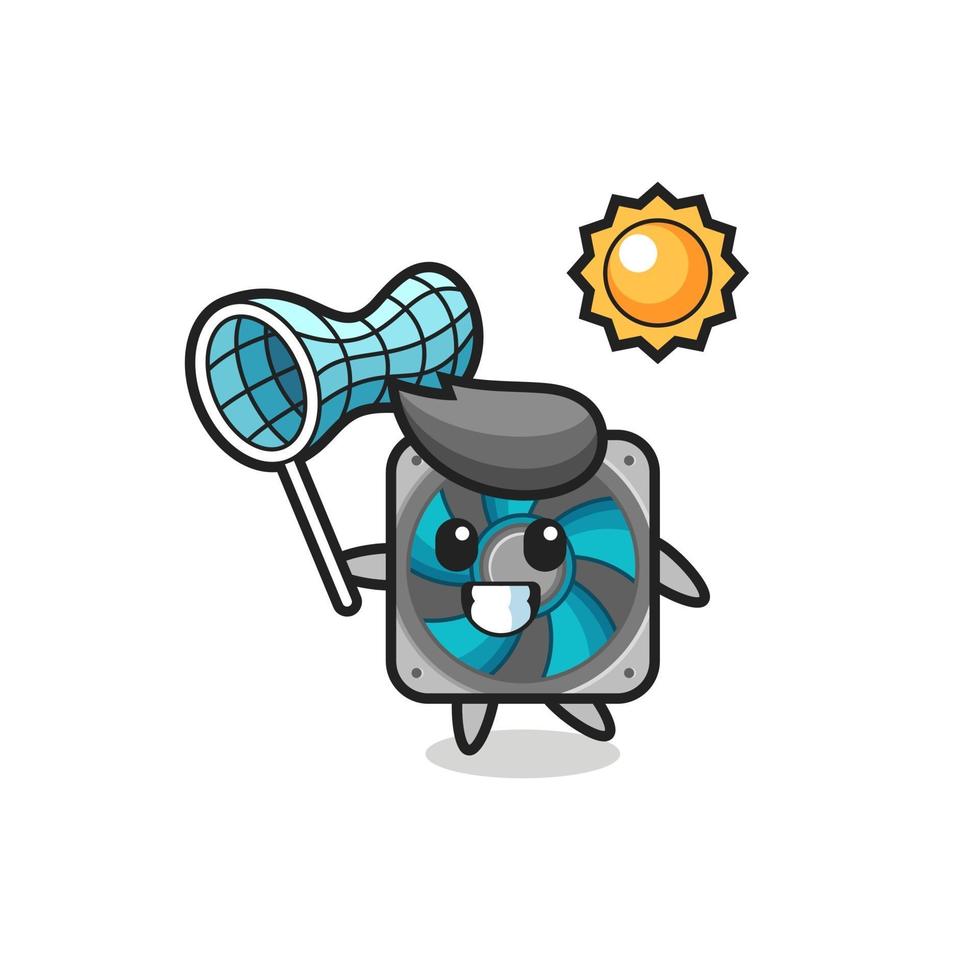computer fan mascot illustration is catching butterfly vector