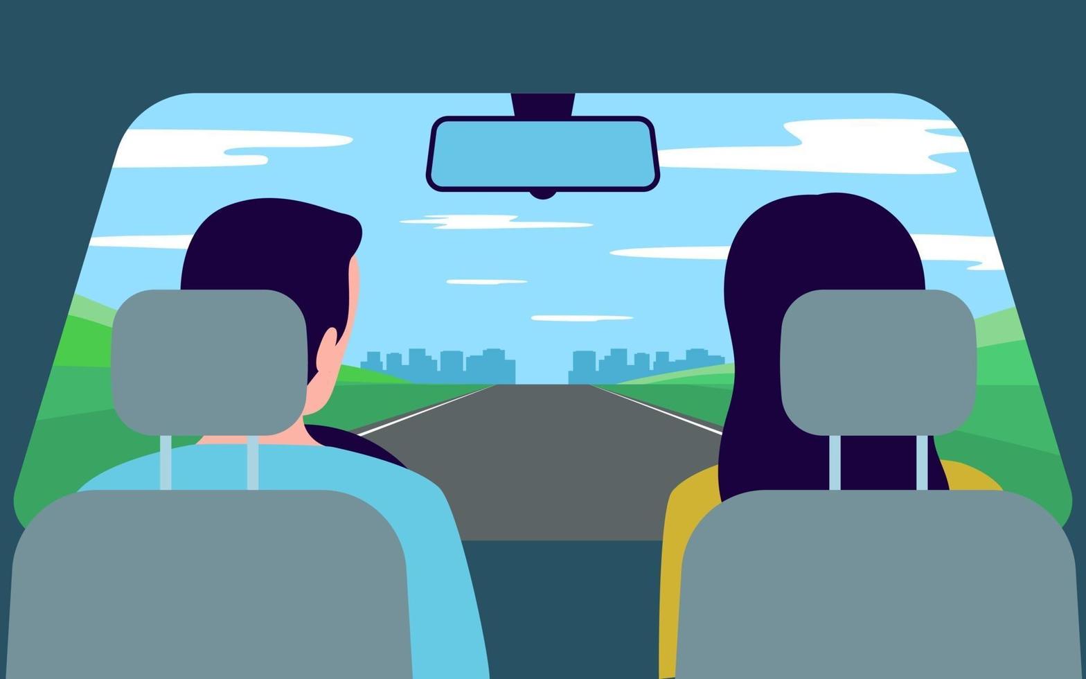 People travel by car, road trip to nature, back view. Family vector