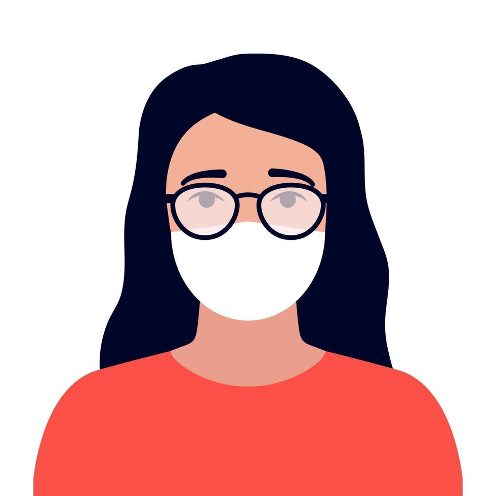 Eyeglasses foggy from wear medical mask. Woman with limited visibility vector