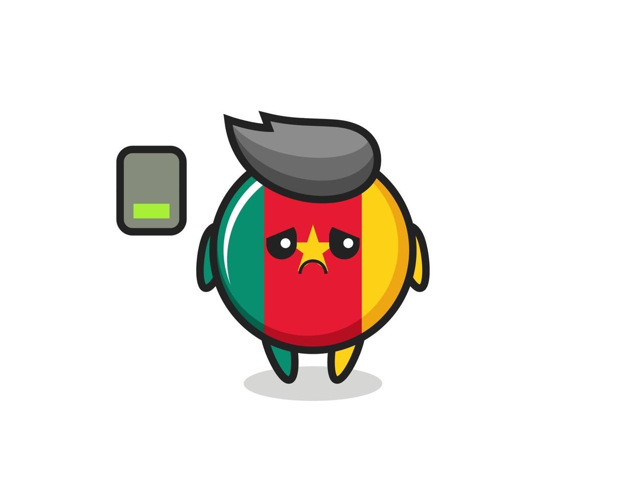 carácter de la mascota de la insignia de la bandera de camerún haciendo un gesto cansado vector