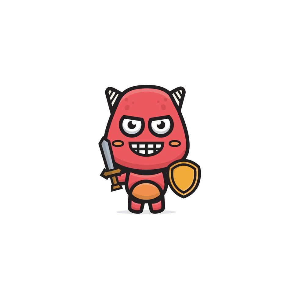 Illustration of cute red monster holding sword and shield vector