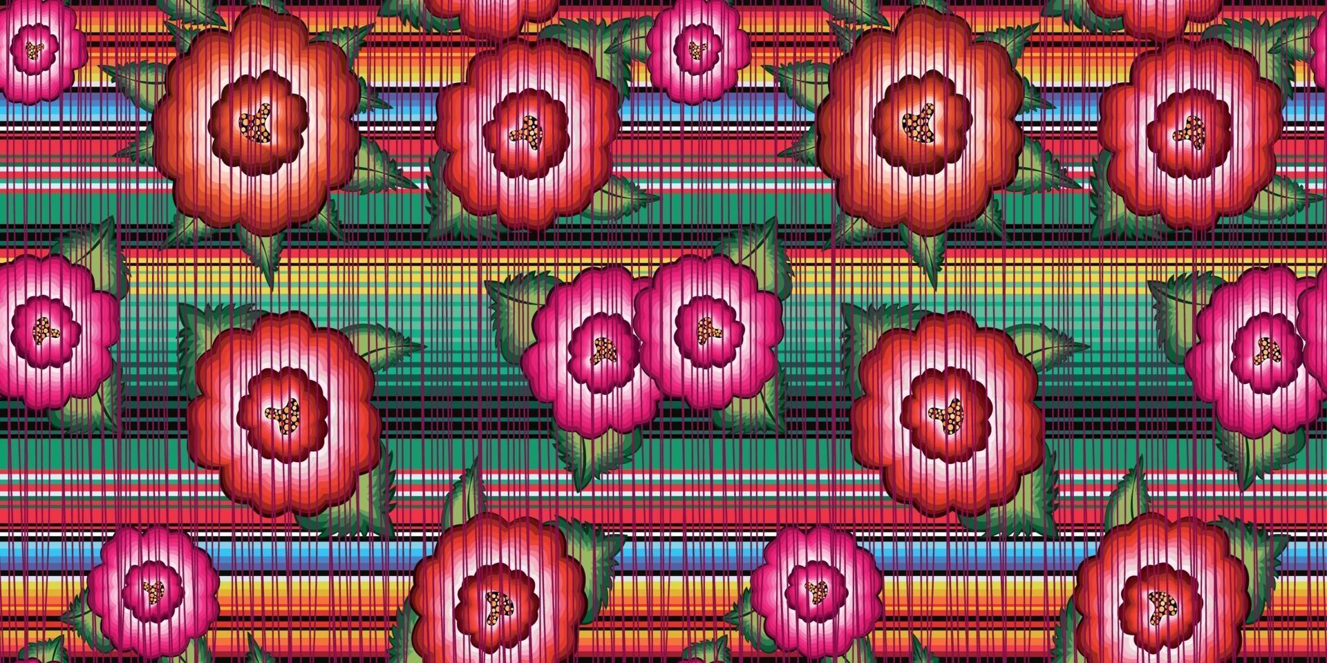 Bandera sin costuras patrón de bordado floral mexicano, flores étnicas vector