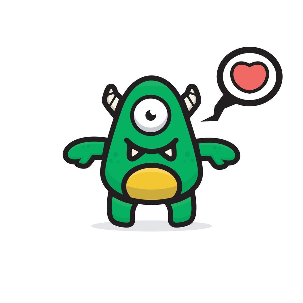 cartoon cute green monster with speech bubble love vector