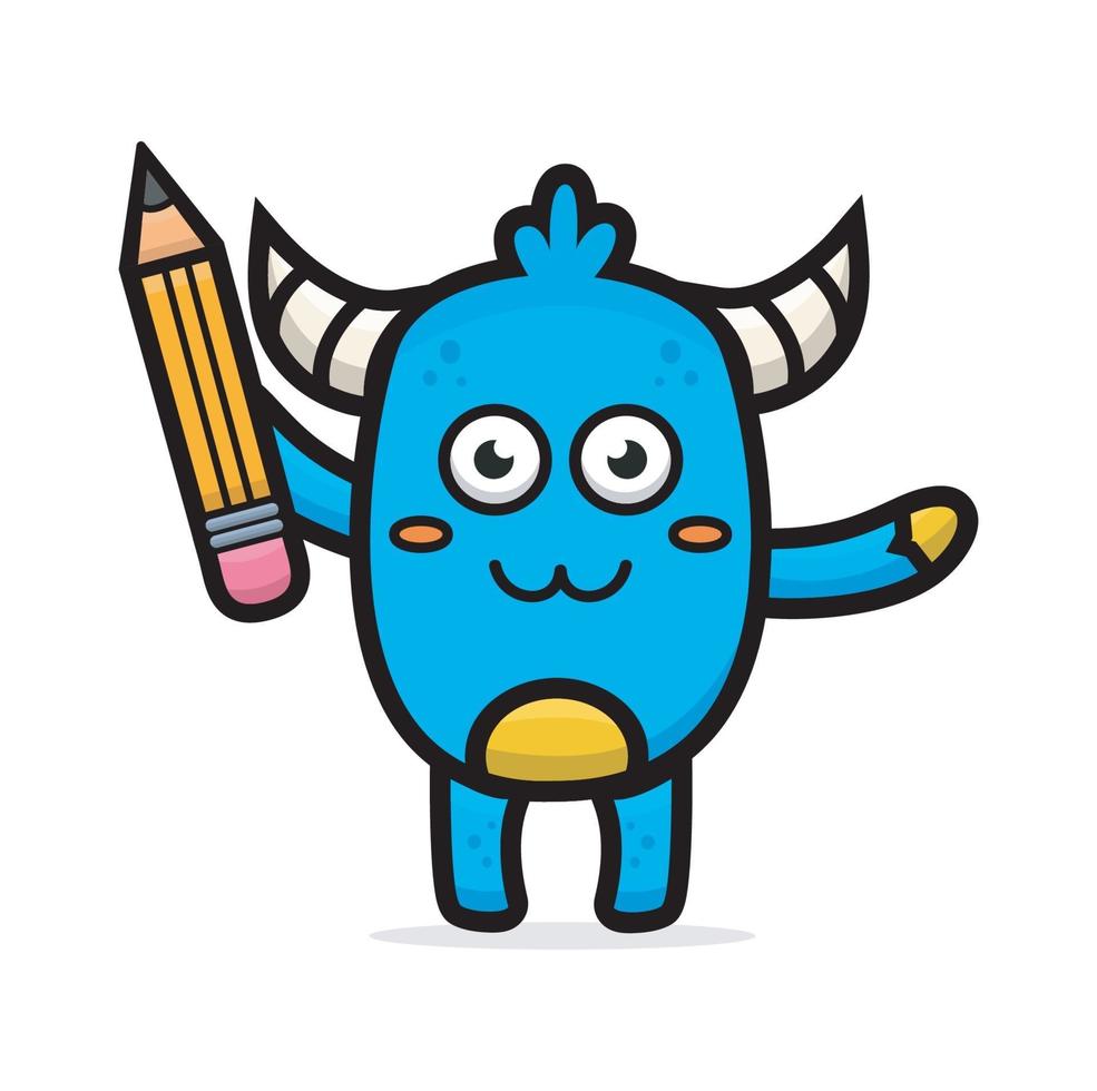 cartoon cute blue monster holding pencil vector