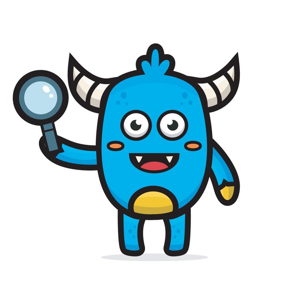 cartoon cute blue monster holding magnifying glass vector