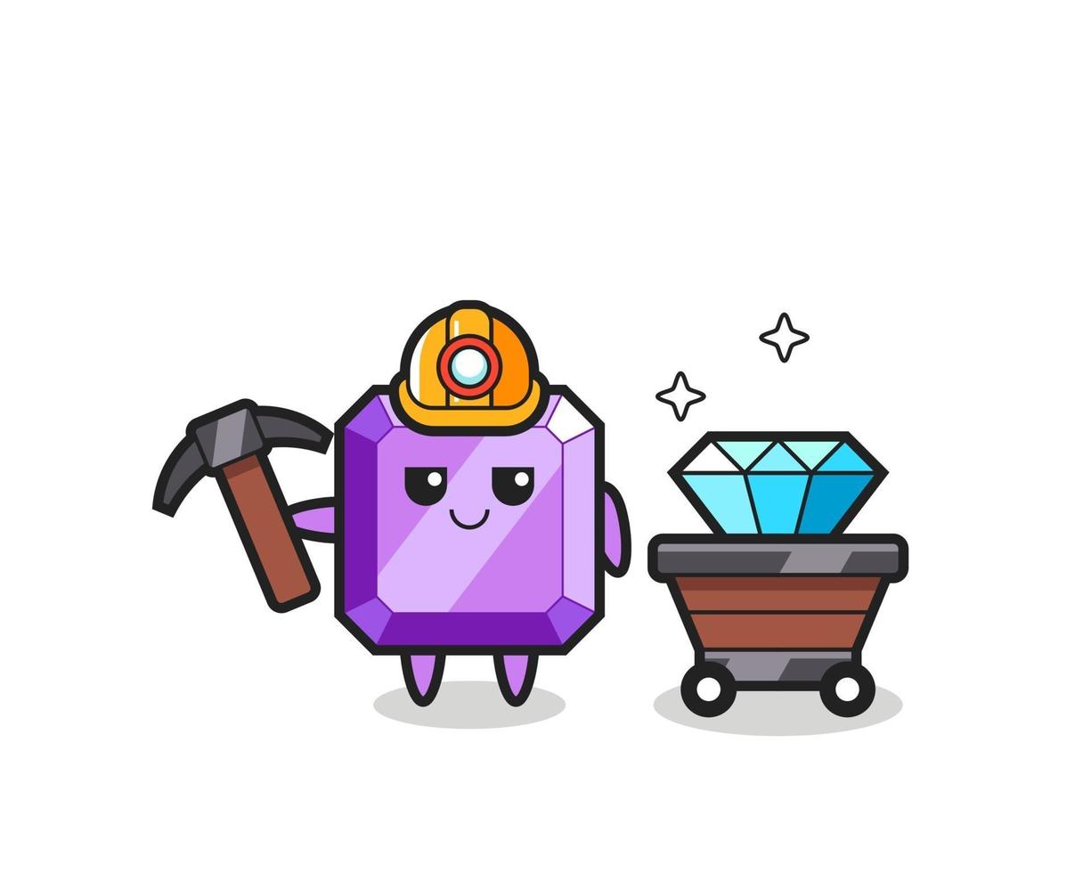 ilustración de personaje de piedra preciosa púrpura como minero vector