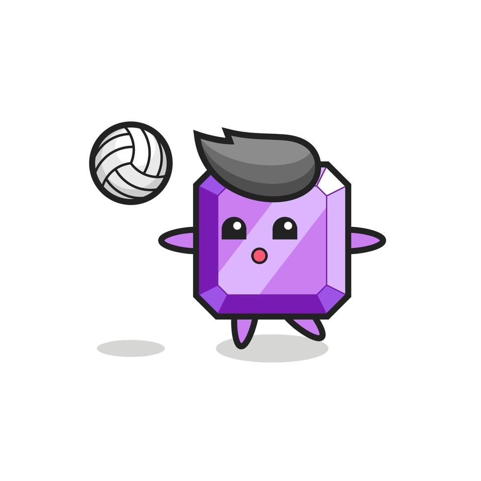 personaje de dibujos animados de piedra preciosa púrpura está jugando voleibol vector