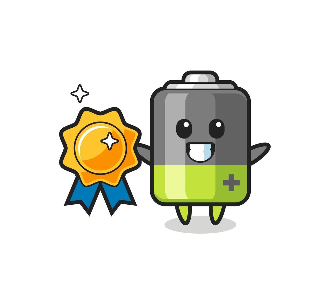 battery mascot illustration holding a golden badge vector
