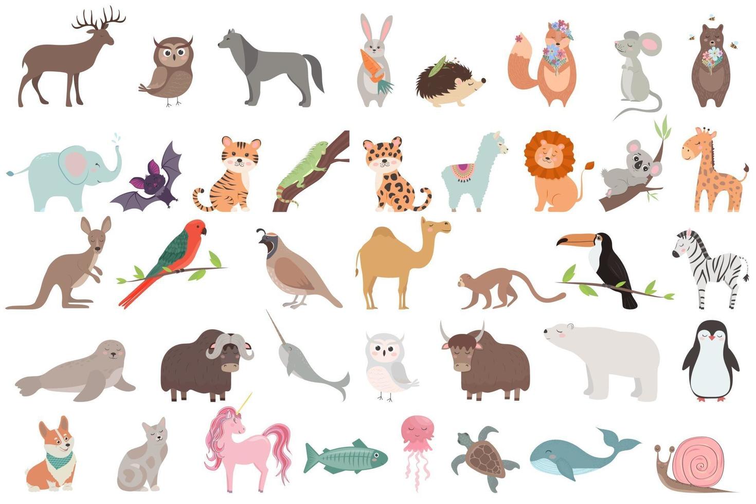 Big set with cute animals in cartoon style vector