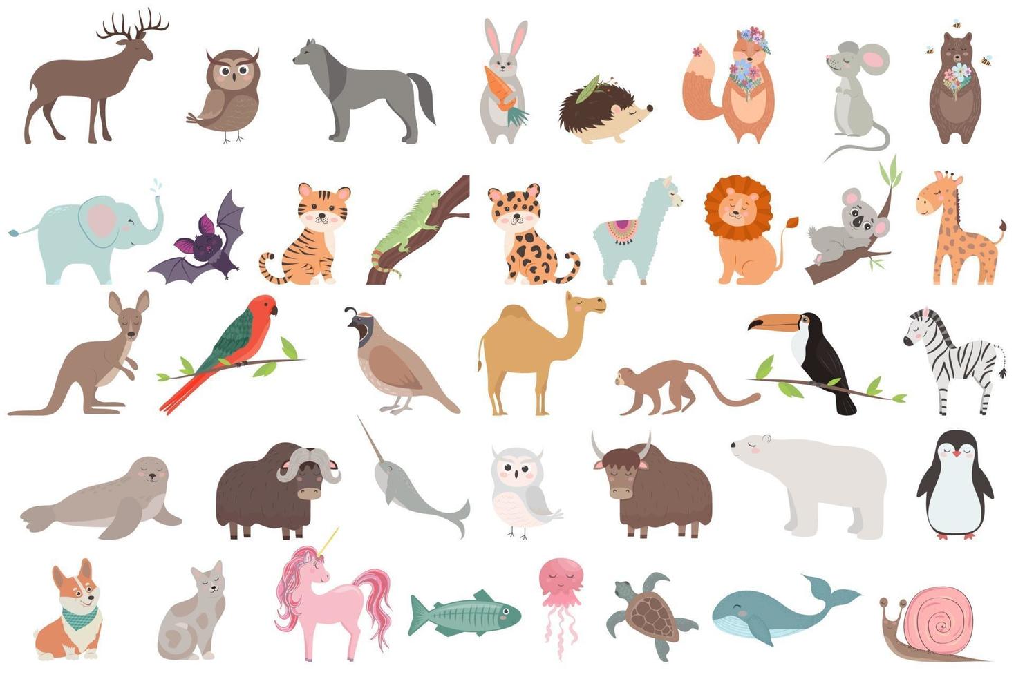 Big set with cute animals in cartoon style vector