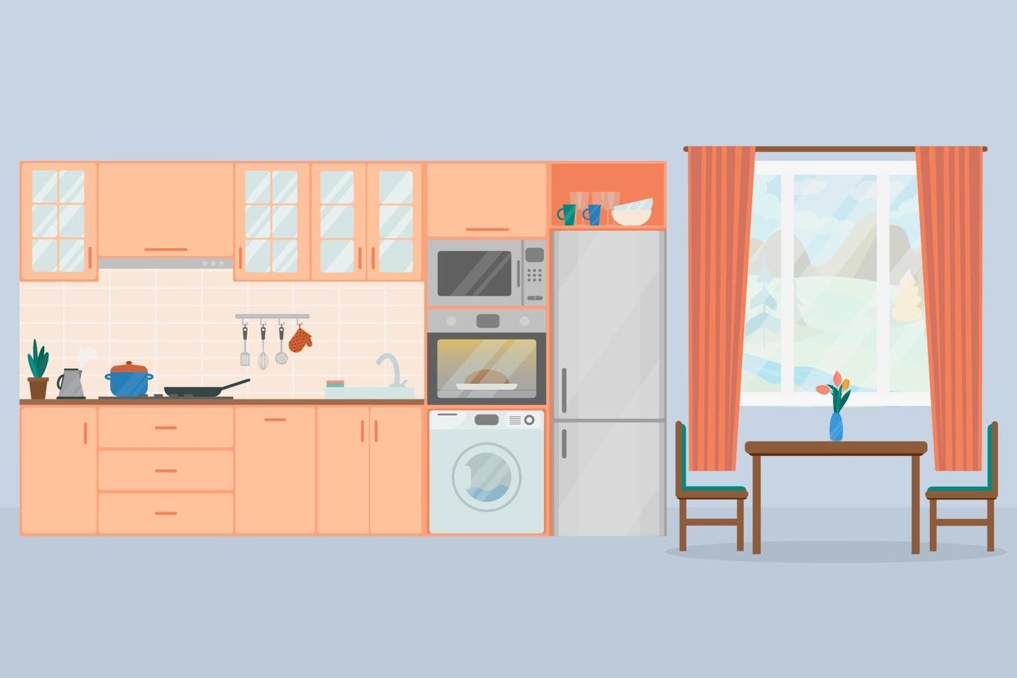Cozy kitchen interior, flat vector illustration.