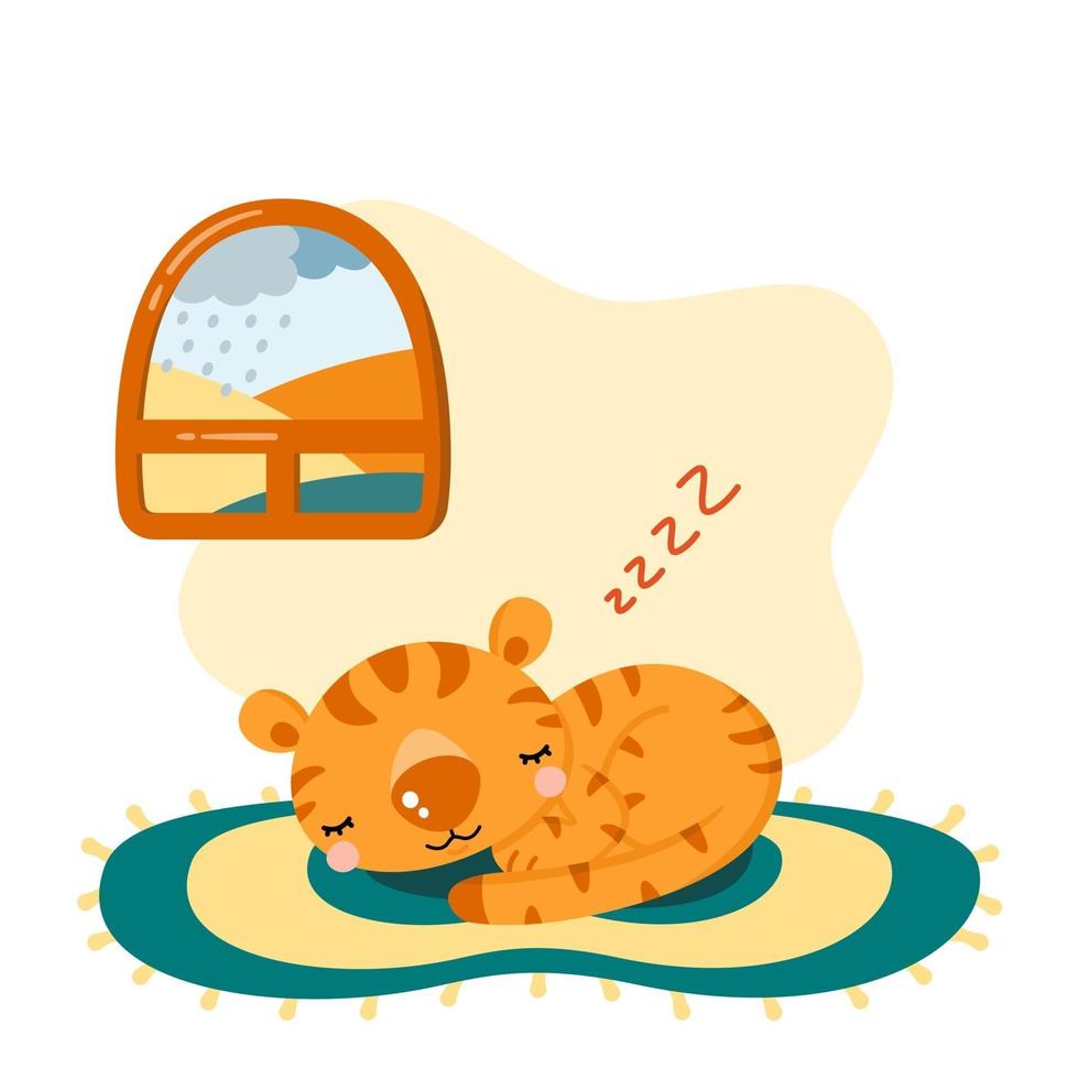 Cute tiger sleeping on the carpet near window with autumn landscapes. vector