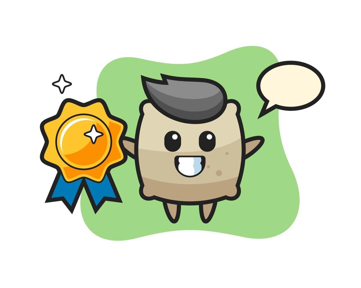 sack mascot illustration holding a golden badge vector