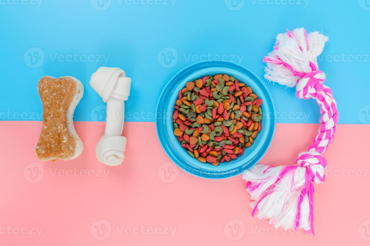 Pet food in blue bowl with accessories on color background photo