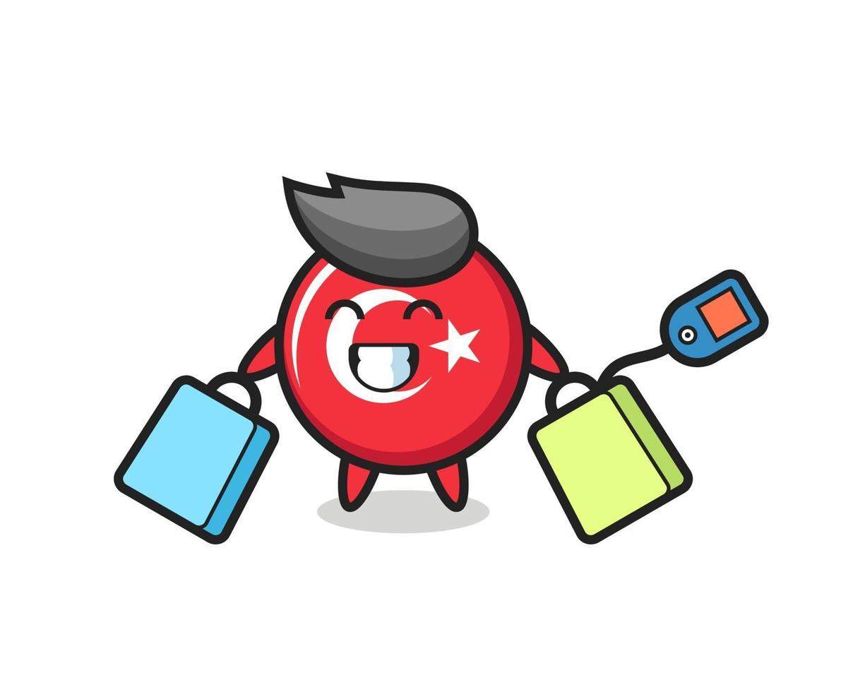 turkey flag badge mascot cartoon holding a shopping bag vector