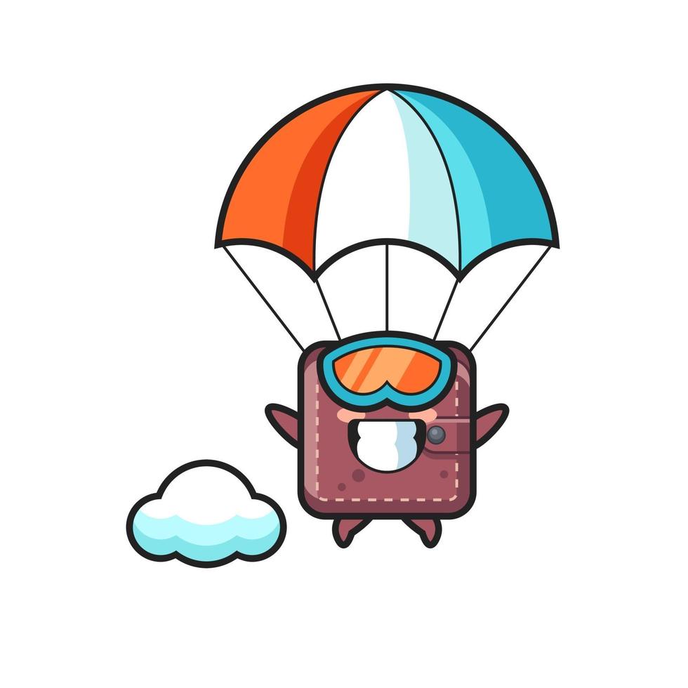Caricatura de mascota de billetera de cuero es paracaidismo con gesto feliz vector