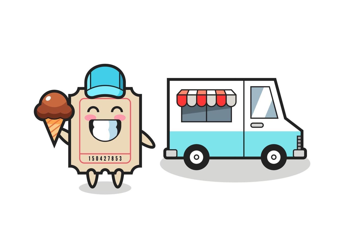 mascota, caricatura, de, boleto, con, camión de helados vector