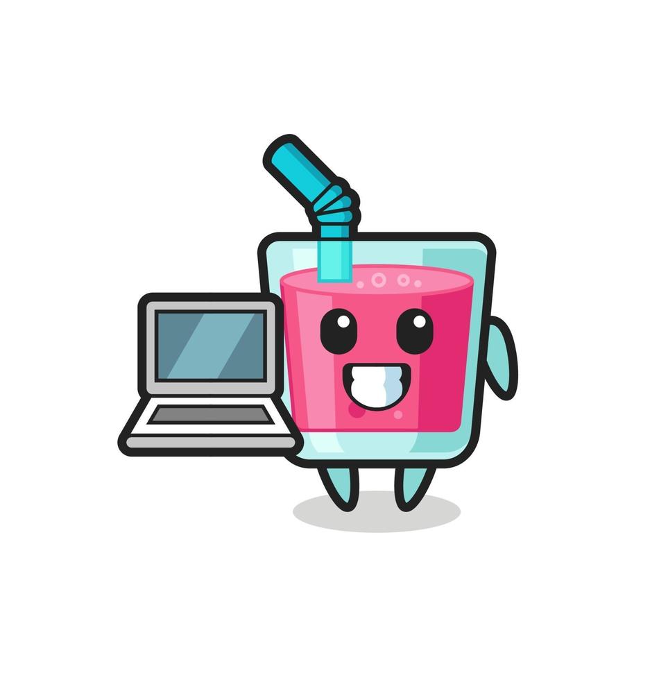 Ilustración de mascota de jugo de fresa con una computadora portátil vector