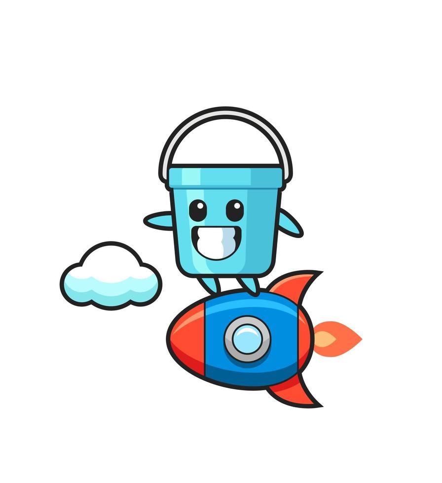 personaje de mascota de cubo de plástico montando un cohete vector