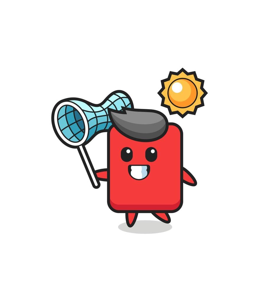 red card mascot illustration is catching butterfly vector