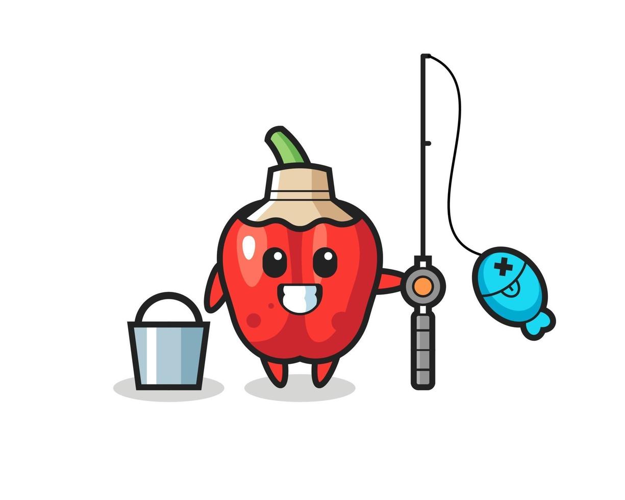 Mascot character of red bell pepper as a fisherman vector