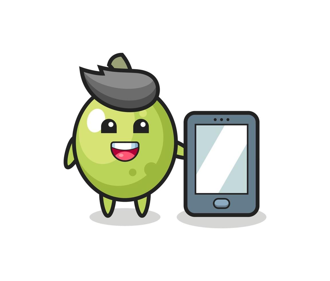 olive illustration cartoon holding a smartphone vector