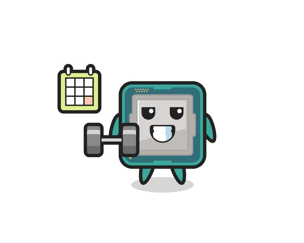 processor mascot cartoon doing fitness with dumbbell vector