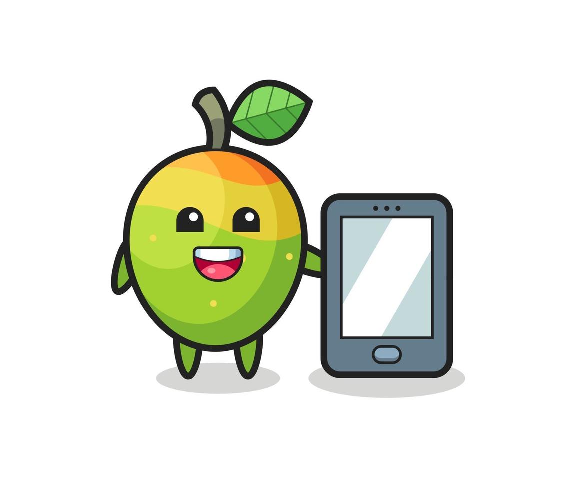 mango illustration cartoon holding a smartphone vector