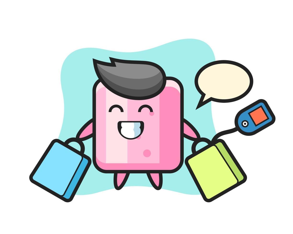 marshmallow mascot cartoon holding a shopping bag vector