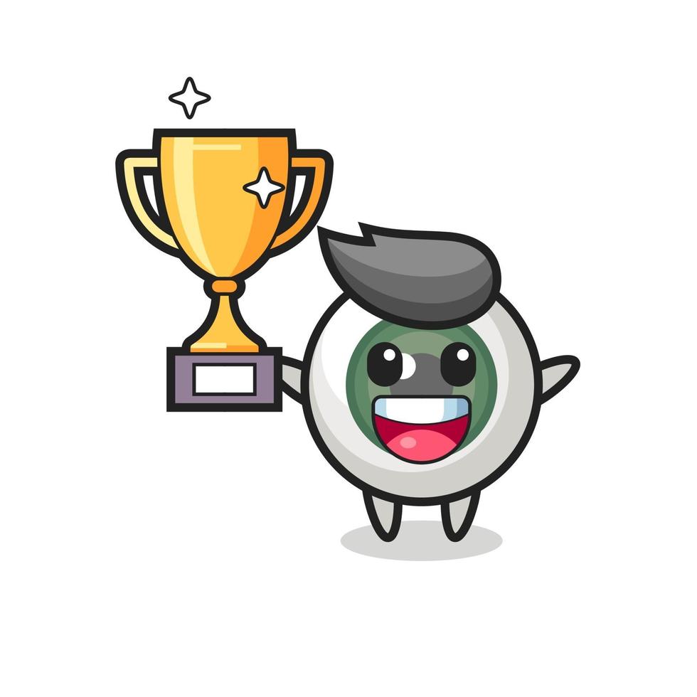 Cartoon Illustration of eyeball is happy holding up the golden trophy vector
