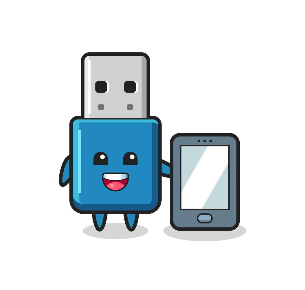 flash drive usb illustration cartoon holding a smartphone vector