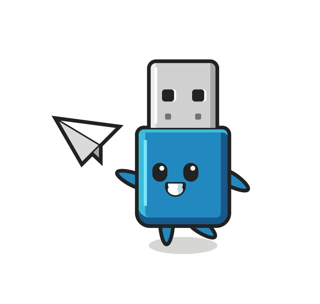 flash drive usb cartoon character throwing paper airplane vector