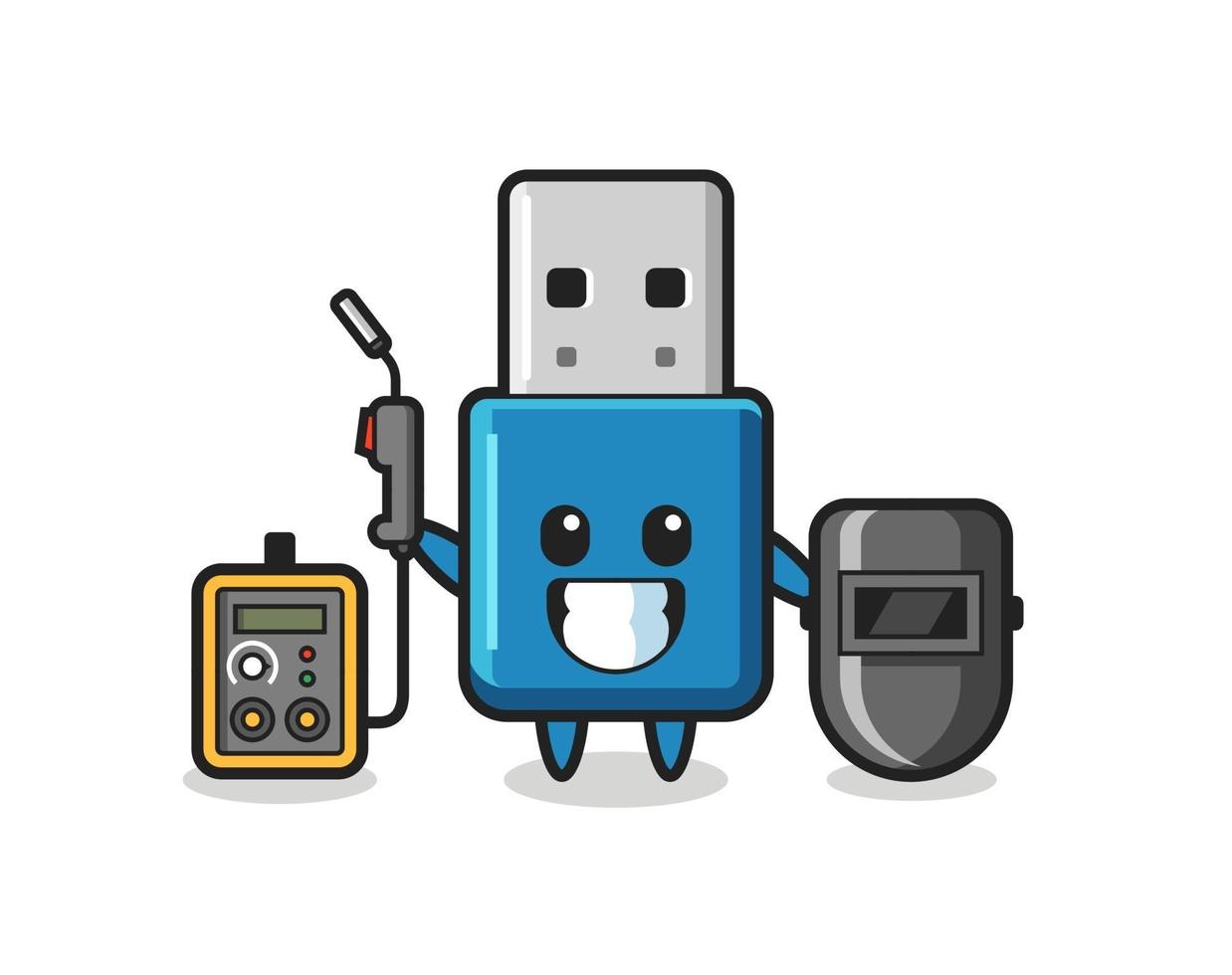 Mascota de personaje de unidad flash USB como soldador. vector