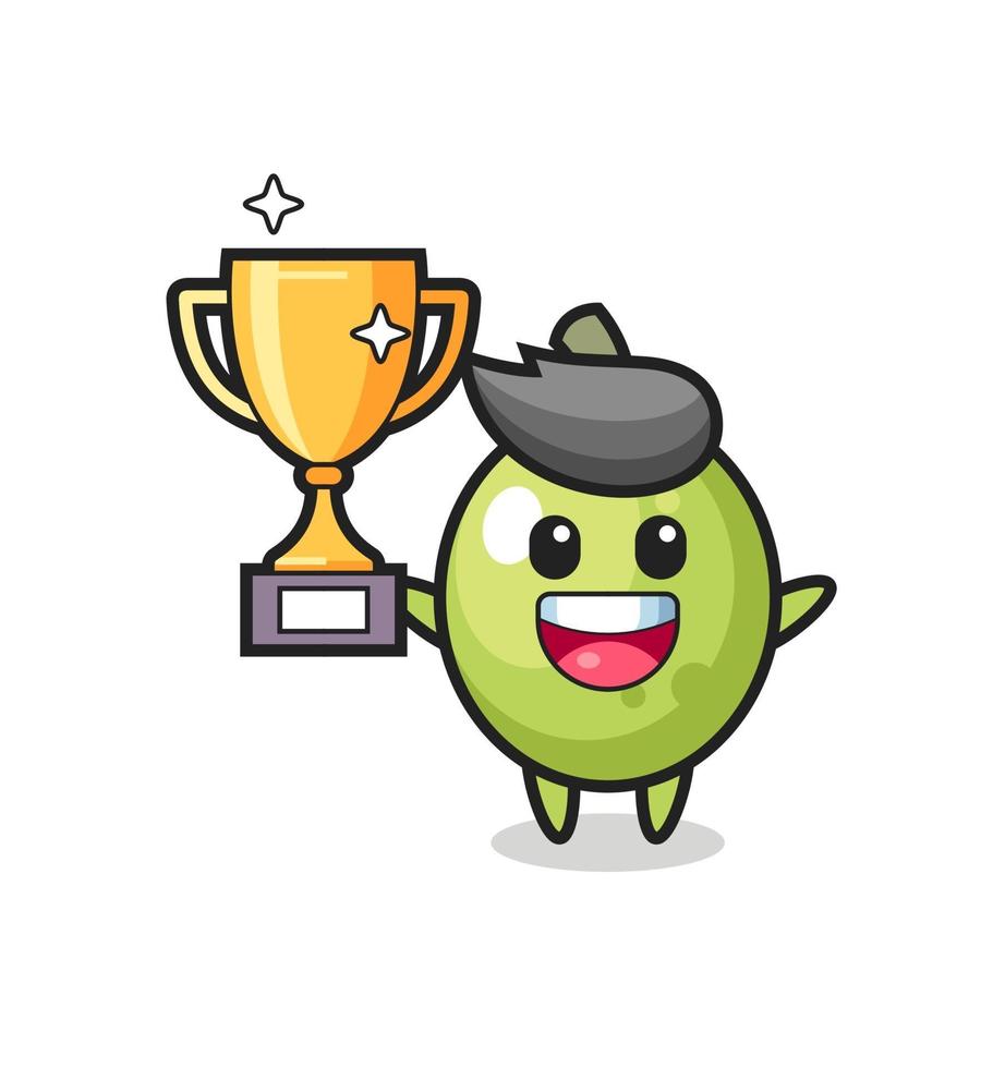 Cartoon Illustration of olive is happy holding up the golden trophy vector