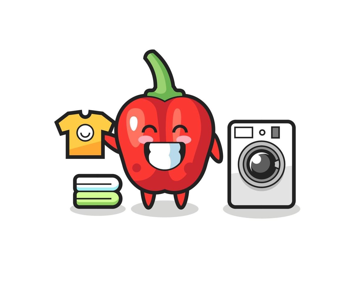 Mascot cartoon of red bell pepper with washing machine vector