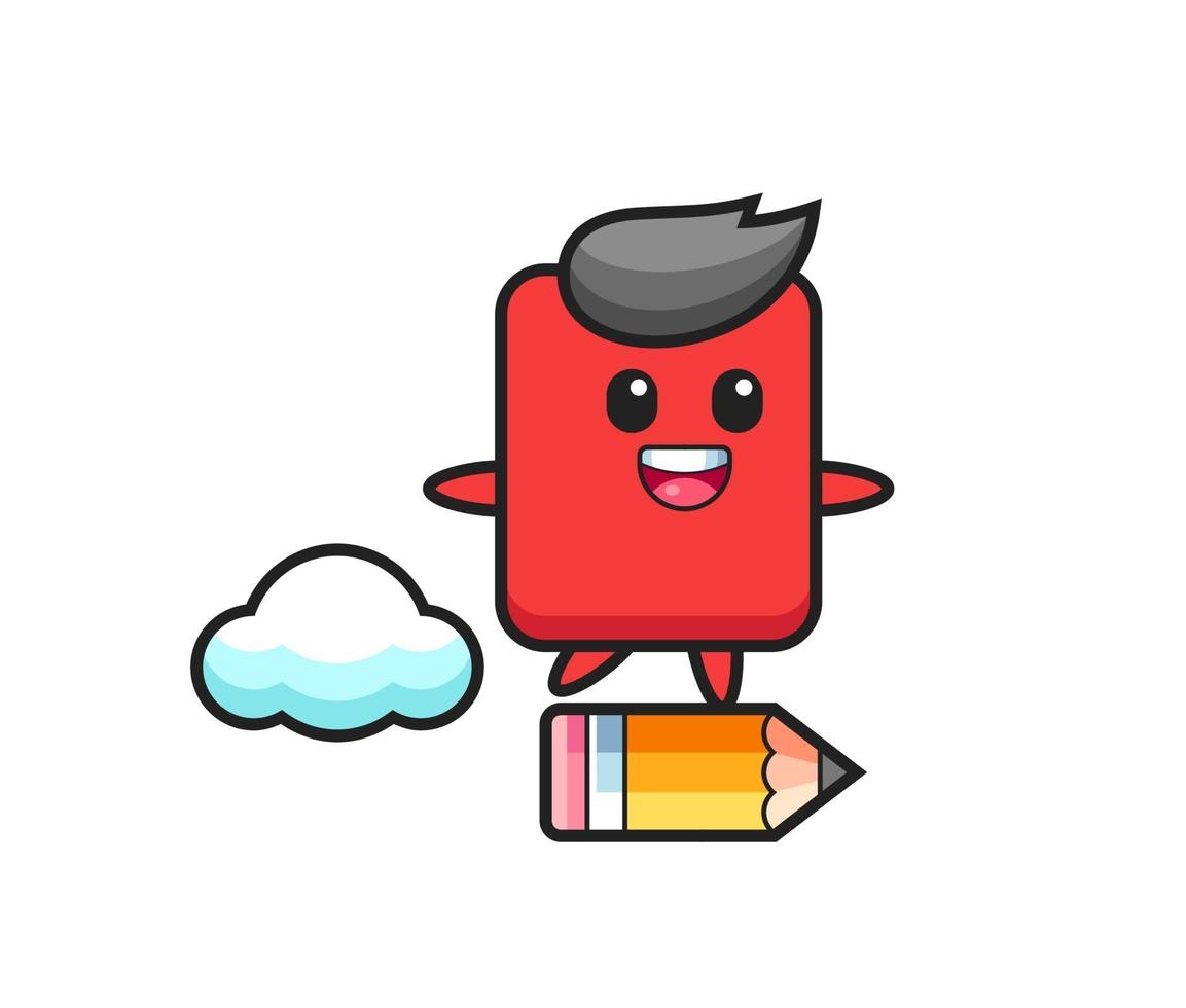 red card mascot illustration riding on a giant pencil vector