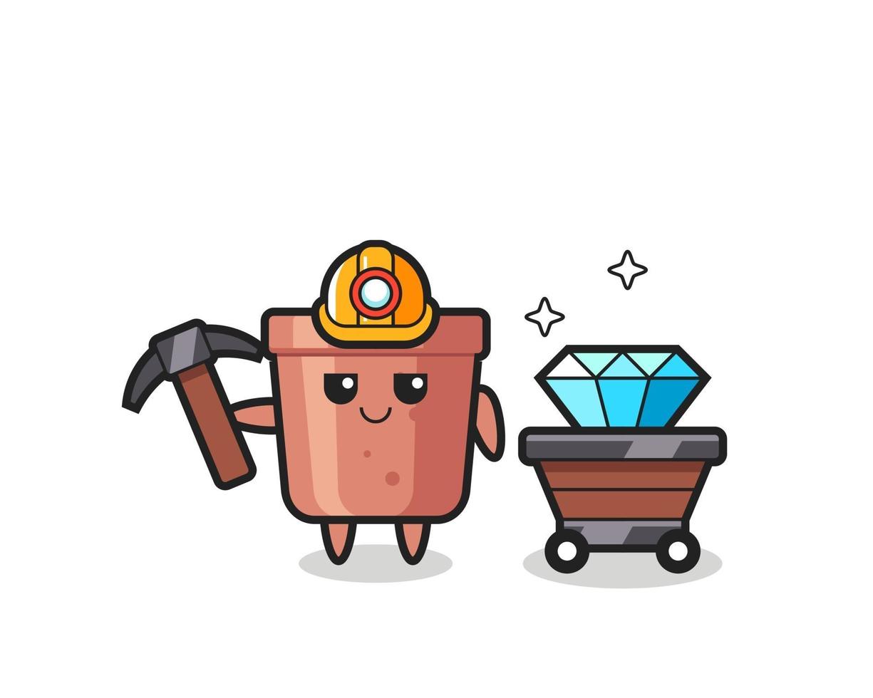 Ilustración de personaje de maceta como minero. vector